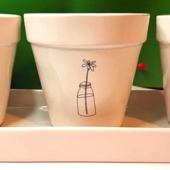 Rae Dunn Live Wild Flower Child Planter Set 3 Herb Pots Tray Magenta Artisan - Picture 4 of 9